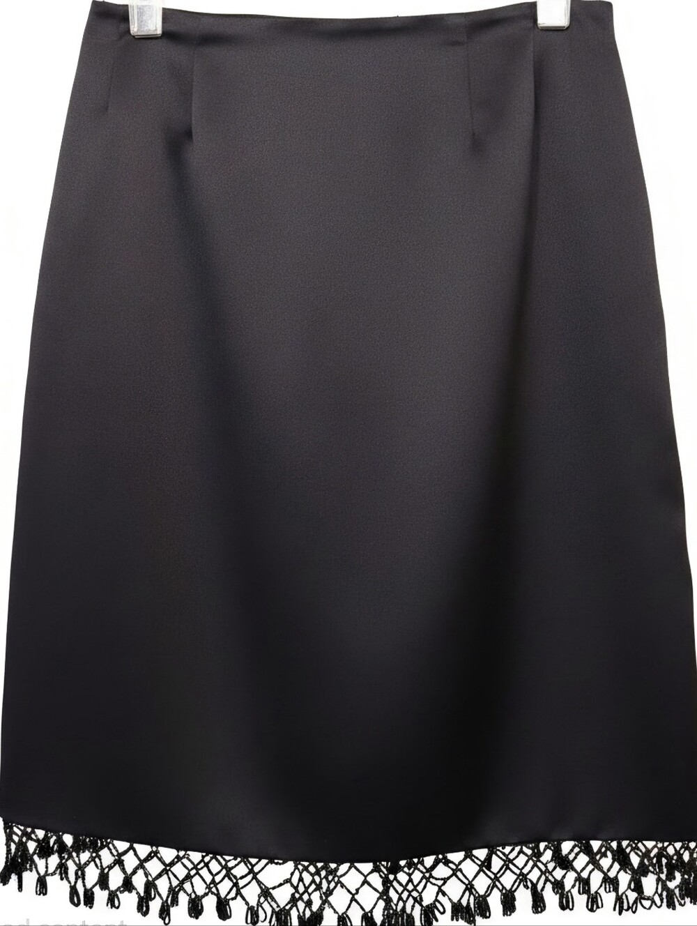 Rickie Freeman for Teri Jon Nites Black Satin Pencil Skirt Beaded Macrame Fringe